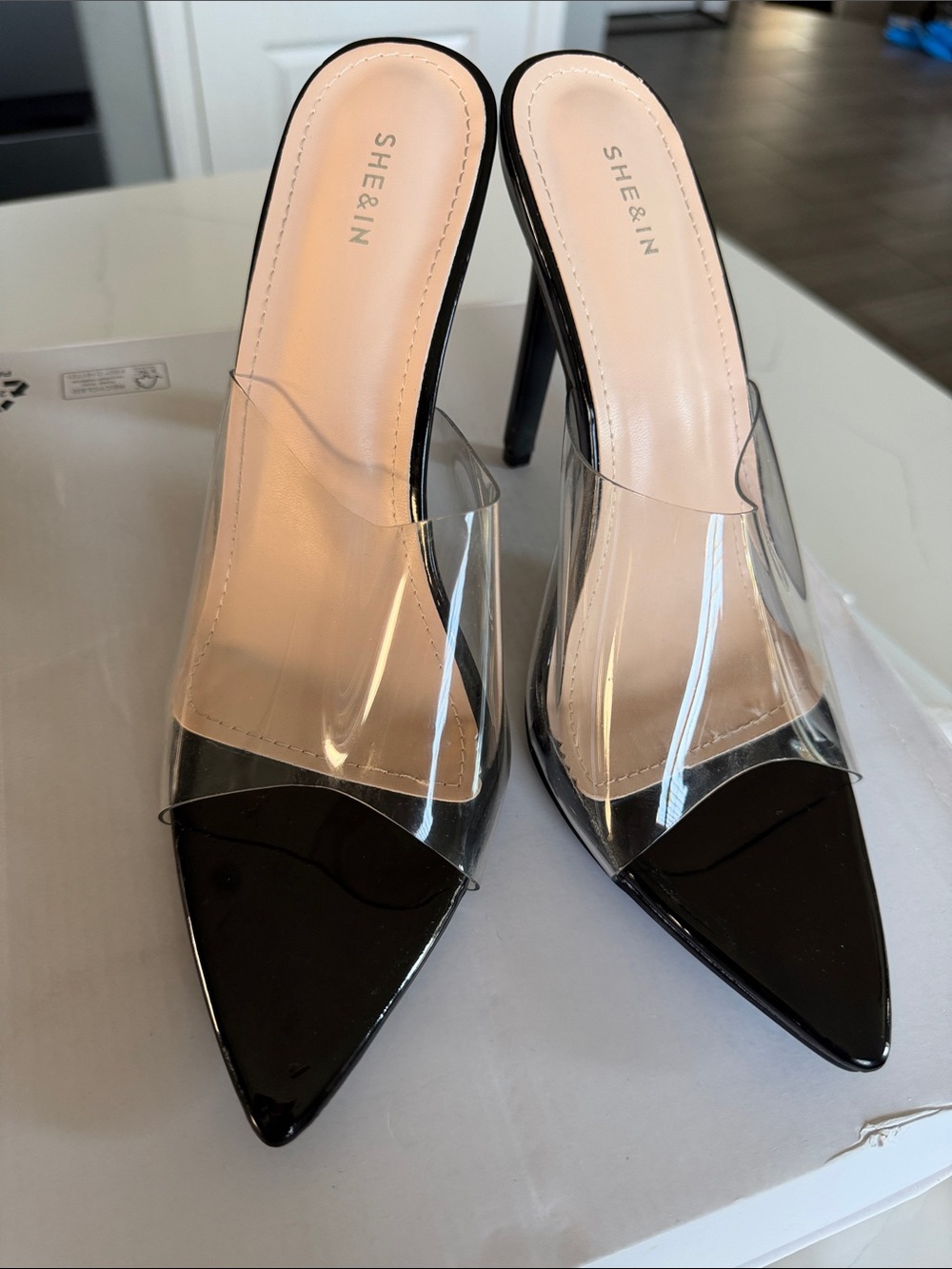 SHEIN Black Patent Pointed-Toe Clear Strap Mule Heels
